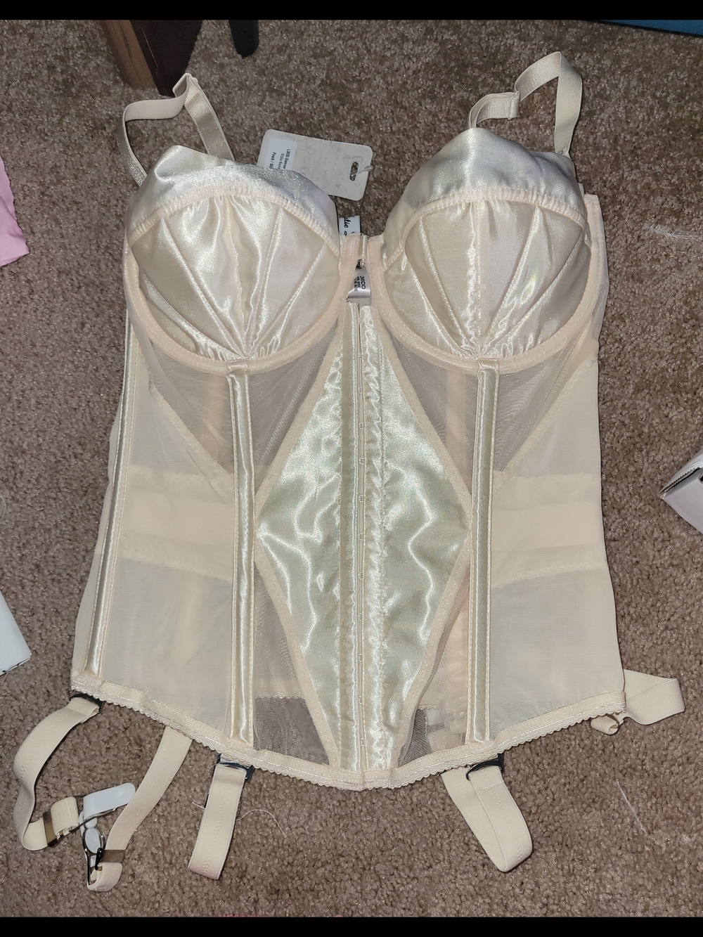 Longline Satin and Mesh Bustier in Cream with Garter Straps